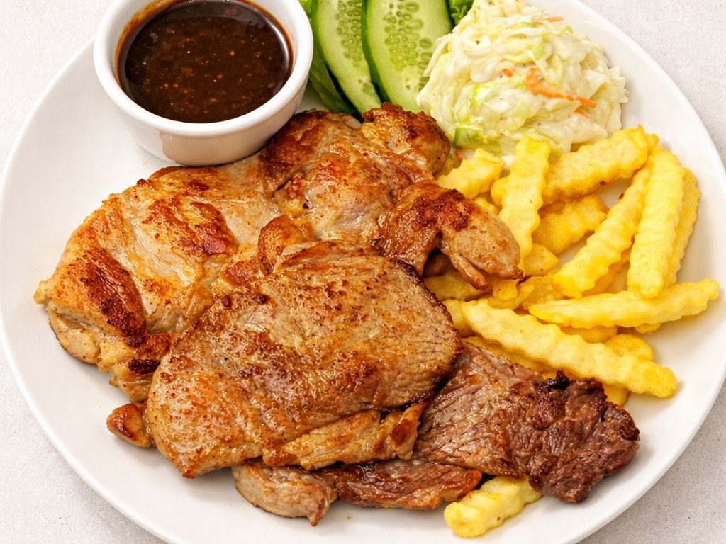 Mixed grill platter with chicken, steak and fresh salad