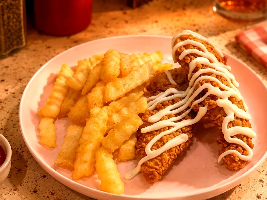 Kids crispy chicken tenders with crinkle-cut French fries and ketchup