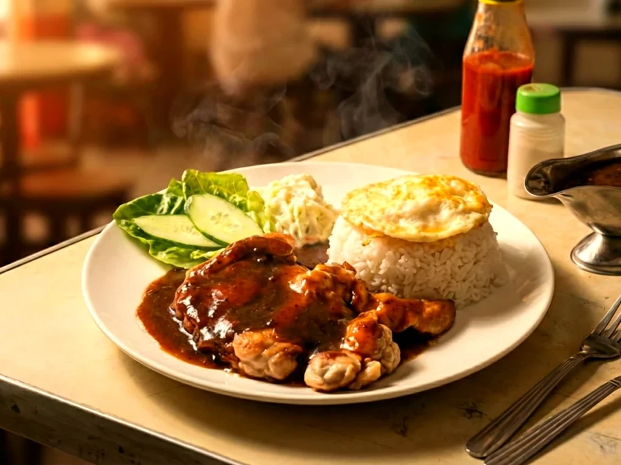 Black Pepper Chicken Rice with fried egg, gravy and fresh vegetables