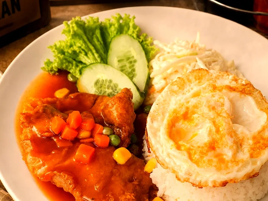 Hainan Fried Pork Chop Rice with golden cutlet, fried egg and coleslaw