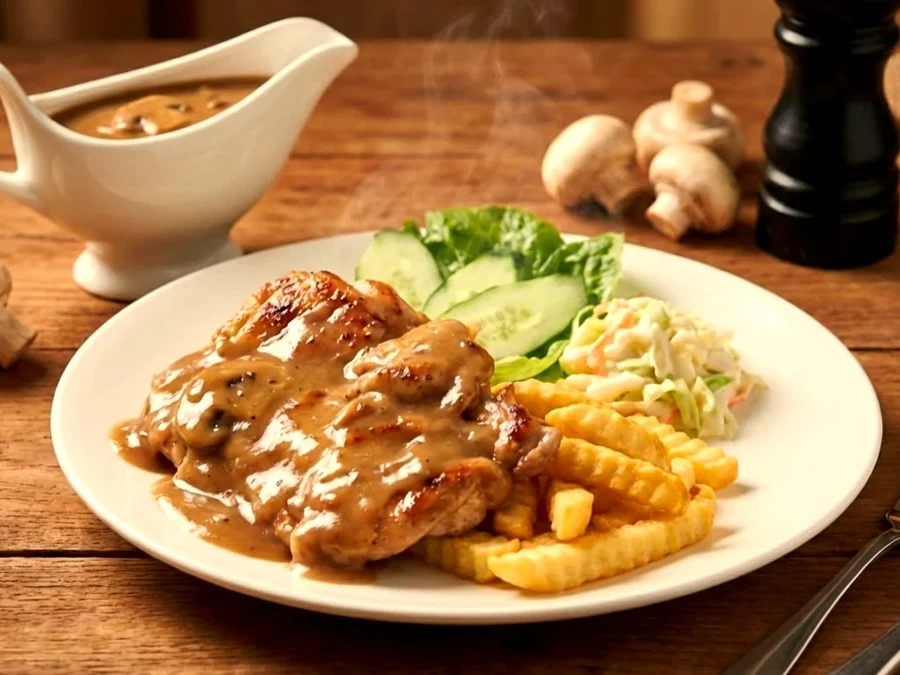 Chicken chop with creamy mushroom gravy, crinkle fries and fresh salad