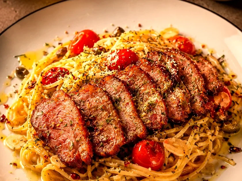Spaghetti aglio olio with smoked duck, cherry tomatoes, garlic and parmesan
