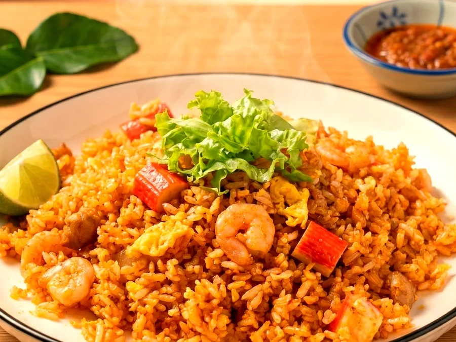 Tom Yam Fried Rice with prawns, crab sticks and spicy Thai flavours